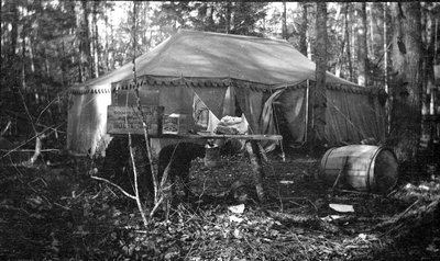 A tent pitched in the woods