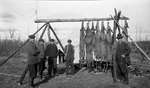 Hunters posing in front of slain deer hung on a wooden frame