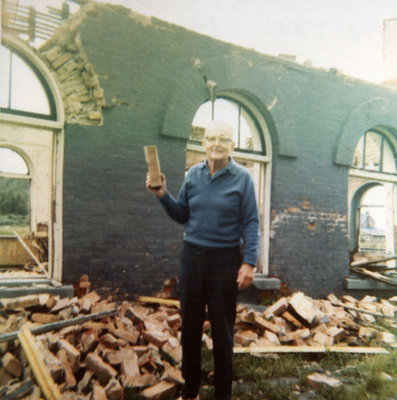 Vinton M. Merriman at Grand Truck Railway Station / Canadian National Railway Station demolition site, Colborne, 1972