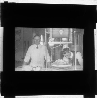 A butcher and his assistant in their shop