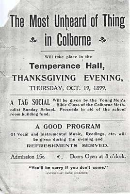 Photocopy of a broadside, Tag Social, Young Men's Bible Class, Colborne Methodist Sunday School