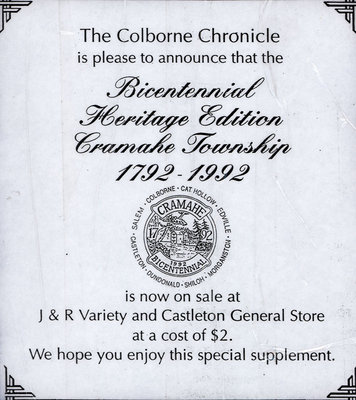 Colborne Chronicle Bicentennial Heritage Edition Cramahe Township 1792-1992