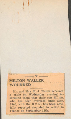 Newspaper clipping about Milton Waller wounded in action