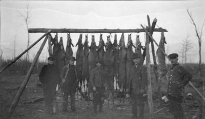 Deerhunters standing in front of suspended deer