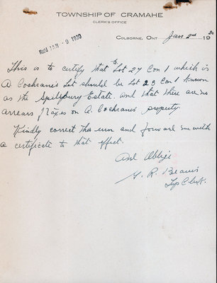 Property Tax Assessment Document - A. Cochrane Lot 23, Con.1 & Spilsbury, Lot 27, Con. 1, Cramahe