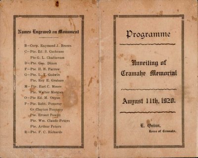 Unveiling of Cramahe Memorial Programme, August 11th, 1920