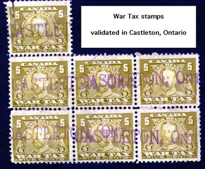 Five cent War Tax Stamps, postmarked Castleton