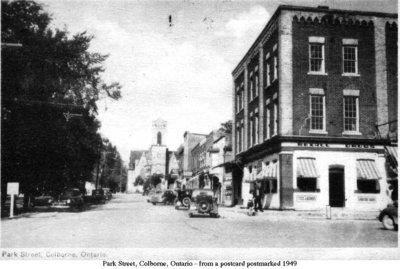 Postcard of corner of King Street, Colborne, including Rexall Drugs