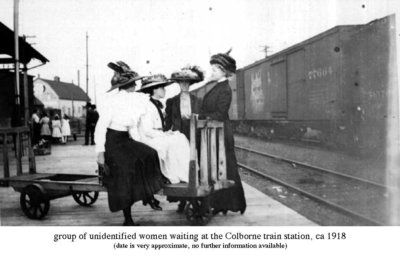 Colborne women modelling Miss Culver’s hats at the Grand Truck Railway Station, Colborne