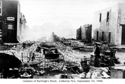 Only bricks and rubble remain after the fire tore through one section of the Burleigh Block of buildings.