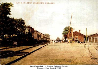 Postcard of locomotive leaving Grand Trunk Railway Station, Colborne