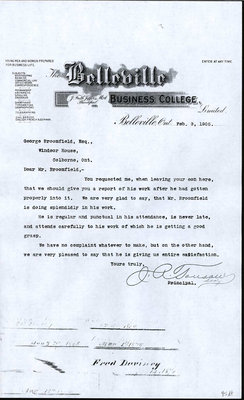 Photocopy of a letter from Belleville Business College to George Broomfield, 3 February 1905