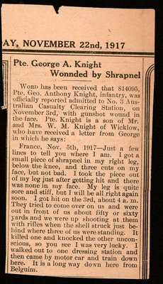 Pte. George A. Knight Wounded by Shrapnel, 22 November 1917