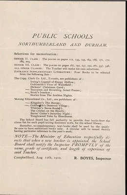 Northumberland and Durham Public School Curriculum Notice, 1910