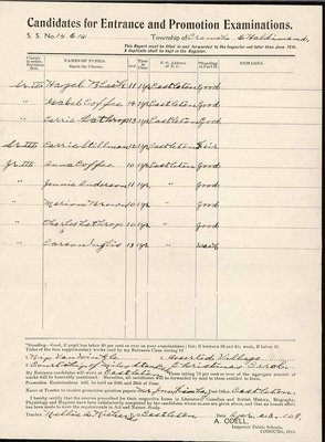 Candidates for Entrance and Promotion Examinations, No. 14 & 16, Cramahe & Haldimand, 1909?