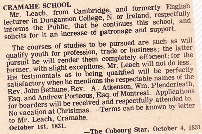 Cramahe School - newspaper clipping reprint