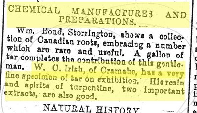 W. C. Irish, Chemical Manufactures and Preparations, Upper Canadian Provincial Exhibition, Kingston. &quot;Provincial Exhibition.&quot; The Globe, 27 September 1867 - photocopy newspaper clipping