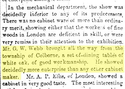 G. W. Webb, Upper Canadian Provincial Exhibition, London. The Globe, 29 September 1854 - photocopy newspaper clipping