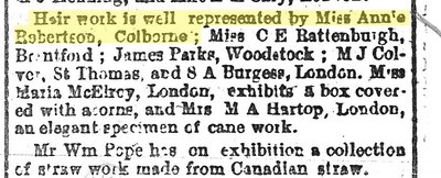 Miss Ann Robertson, Upper Canadian Provincial Exhibition, London. The Daily Globe, 20 September 1865 - photocopy newspaper clipping