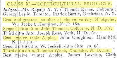 John Thomas & Thomas Webb, Upper Canadian Provincial Exhibition, Cobourg. "List of Prizes" Cobourg Star, 11 Oct 1848 - photocopy newspaper clipping