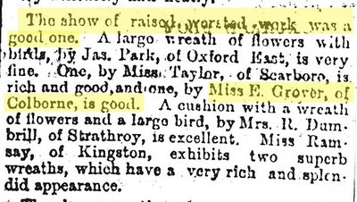 Miss E. Grover, Upper Canadian Provincial Exhibition, The Globe, 25 September 1866 - photocopy newspaper clipping