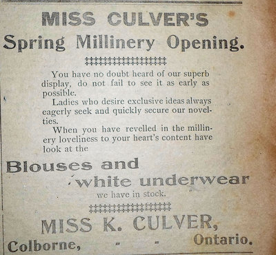 Miss Culver Advertisement, The Enterprise of East Northumberland, 7 May 1903