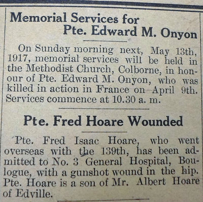 Exhibit, WWI Letters, Colborne Express, 10 May 1917, Onyon Memorial and Hoare Wounded