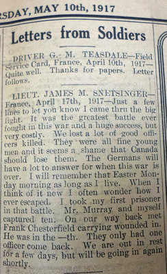 Exhibit, WWI Letters, Colborne Express, 10 May 1917, Snetsinger