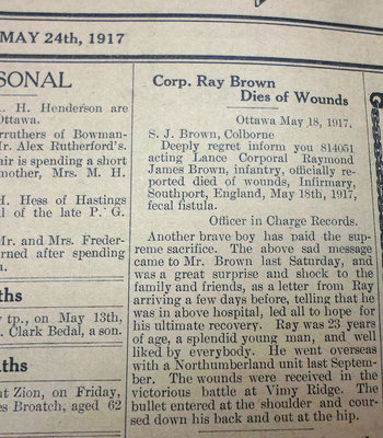 Exhibit, WWI Letters, Colborne Express, 24 May 1917, Brown