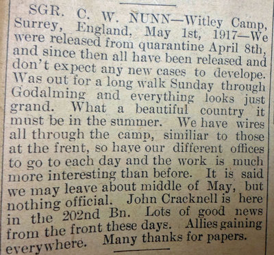 Exhibit, WWI Letters, Colborne Express, 24 May 1917, Nunn