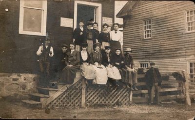 Harry Edwards, Vance Haynes, Maggie Marshall, and Nyle Cowey at the Canning Factory Building and Plaster Mill, Lakeport, Ontario, circa 1930s.