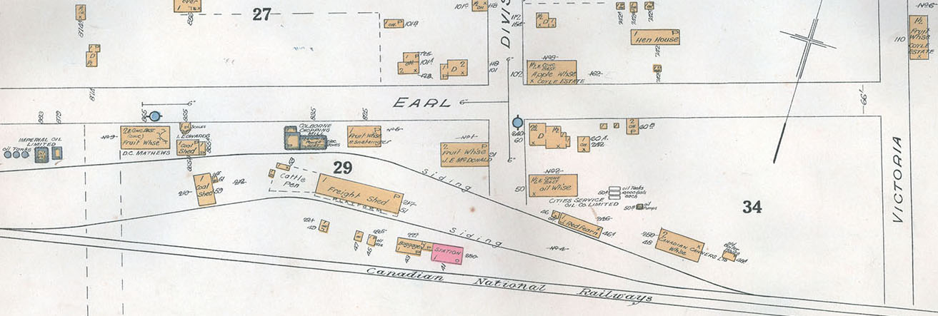 Exhibit, Apple and Fruit warehouses, 1934 map detail