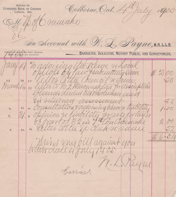 W. L. Payne Invoice, Solicitor for the Standard Bank of Canada, Colborne