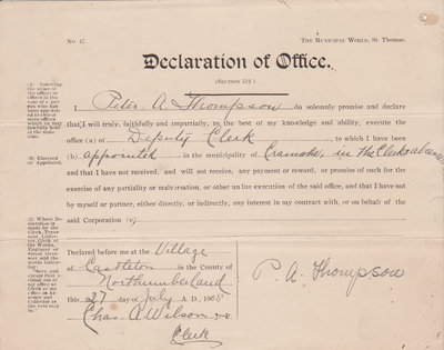 Declaration of Office, Clerk, Peter A. Thompson, 1905