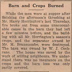 Exhibit, Cochrane Farm fire, The Colborne Express, 19 September 1935