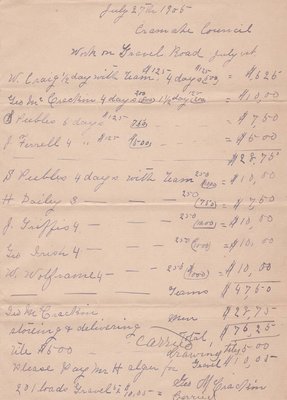 Cramahe Council Accounts, Road Maintenance, 27 July 1905