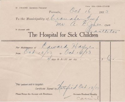 Hospital for Sick Children invoice to Cramahe Township, 1923