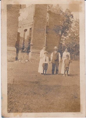 Mr. & Mrs. Geo Pearce, Mrs. Geo. Gummer Sr., George Gummer and Jay Post at Keeler House ruins, Colborne, Ontario