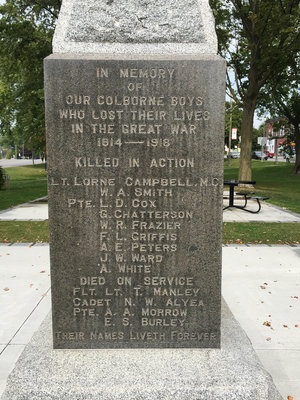 Exhibit, Colborne WWI cenotaph In Memory