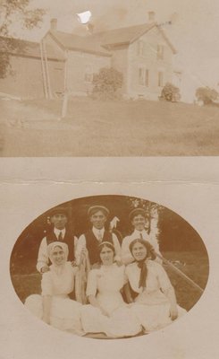 Postcard of two scenes – a house and three couples