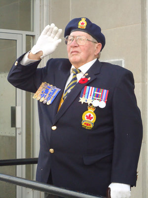 Don Prentice, 87, was the sole WWII vet taking the salute from the passing Remembrance Day parade in Colborne Nov. 11, 2011.