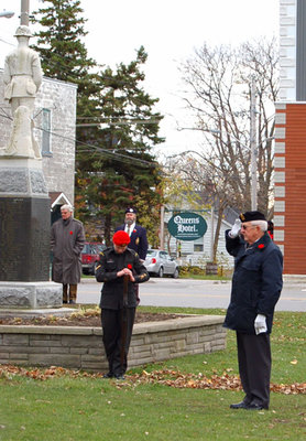 WWII Veteran Art Jackson salutes at the Colborne Remembrance Day ceremony in Victoria Square Park November 11, 2014.