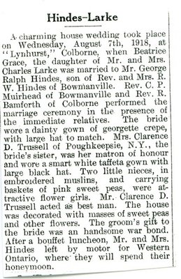 Exhibit, The Larke Family, newspaper clipping, Hinds-Larke wedding