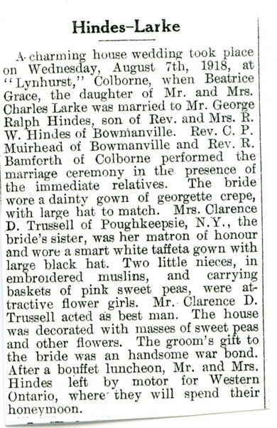 Exhibit, The Larke Family, newspaper clipping, Hindes-Larke wedding, n.d.