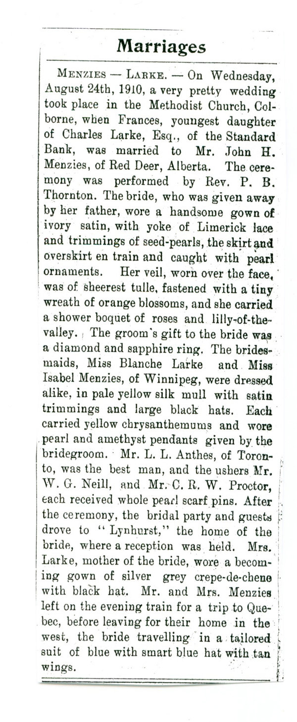 Exhibit, The Larke Family, newspaper clipping, Menzie-Larke wedding, n.d.