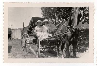 Photograph of Annie Tucker, Helen Ryan and Old Dan, ca. 1910, Colborne Women's Institute Scrapbook