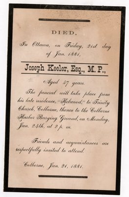 Joseph Keeler Mourning Card, Colborne Women's Institute Scrapbook