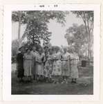 Photograph of Mrs. Watson, Miss F. Graham, Mrs. Ireland, Mrs. Thomas, Mrs. Grant, Mrs. Scott, Mrs. Parker, Mrs. Moore and Mrs. Armstrong, July 1955 picnic at Percy Boom, Colborne Women's Institute Sc