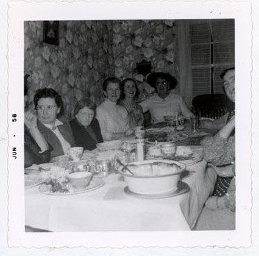 Photograph of Mrs. Screaton, Miss Graham, Amy Gresham, Mary Jane Popcock, Mrs. McLaughlin and Mrs. VanRoon, 1958 Annual Meeting, Colborne Women's Institute Scrapbook