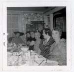 Photograph of Mrs. Scott, Miss Jean Ray, Mrs. Rush, Mrs. VanRoon and Mrs. Rae Mutton, 1958 Annual Meeting, Colborne Women's Institute Scrapbook